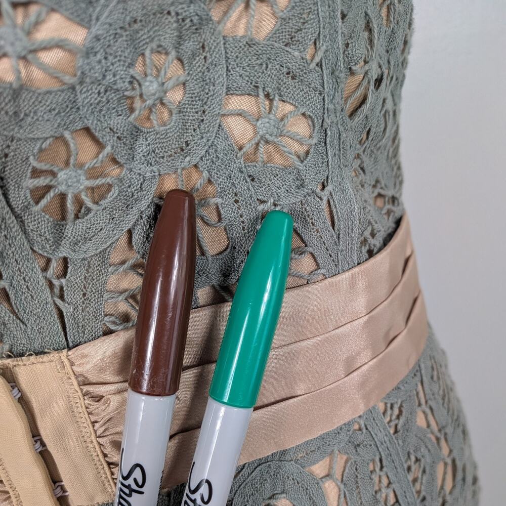 Vintage Betsey Johnson Midi Dress 10 Green 90s Y2K Crochet Lace Grunge Strapless - Picture 9 of 16